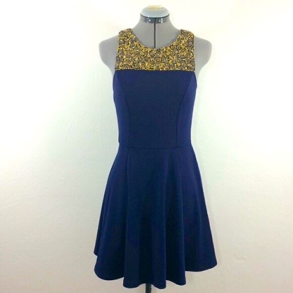 Eight Sixty Navy A Line dress with gold beaded collar - Picture 1 of 7